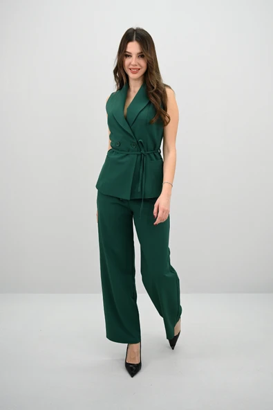 Kadın Kruvaze Yaka Detaylı Belden Bağlamalı Yelek Takım 0124-25 - 11