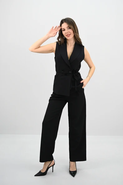 Kadın Kruvaze Yaka Detaylı Belden Bağlamalı Yelek Takım 0124-25 - 7