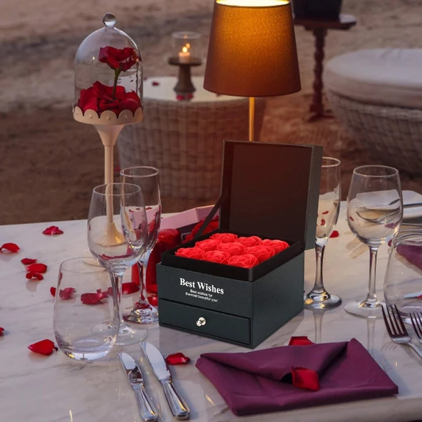 9 Adet Gül Çekmeceli Kutu Dönen Zirkon Kaplama Kolye Sevgiliye Eşe Doğum Günü Hediyesi Kolye ve Gül - 8