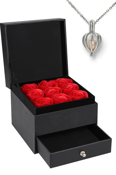 Güllü Çiçekli Takı Kolye Kutusu Gül İstiridye İnci Kolyeli Sevgiliye Hediye Aşk Kırmızı Gül Kutusu - 3