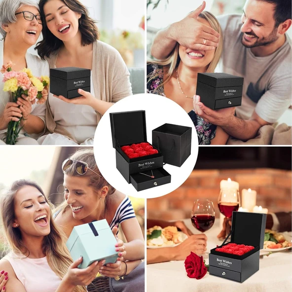 9 Adet Gül Çekmeceli Kutu Dönen Zirkon Kaplama Kolye Sevgiliye Eşe Doğum Günü Hediyesi Kolye ve Gül - 10