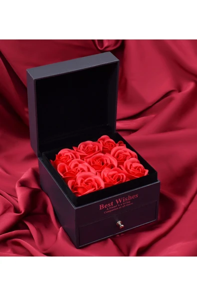 9 Adet Gül Çekmeceli Kutu Dönen Zirkon Kaplama Kolye Sevgiliye Eşe Doğum Günü Hediyesi Kolye ve Gül - 3