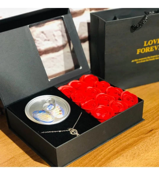 Sevgililer Günü Hediyesi Güllü İstiridye İnci Kolye Seti Özel Hediye Paketi İnci Kolyeli Gül Kutusu - 2