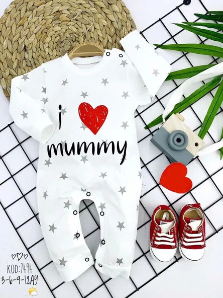 3-6-9-12 Ay Gümüş Yıldız I Love Mummy Baskılı Uzun Kollu Kız Erkek Bebek Tulumu Beyaz