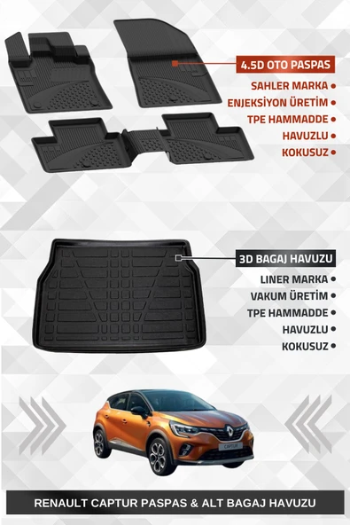 Sahler Renault Captur 2020+ Uyumlu 4.5D Premium Havuzlu Paspas ve Liner Marka 3D Alt Bagaj Havuzu ürün görseli
