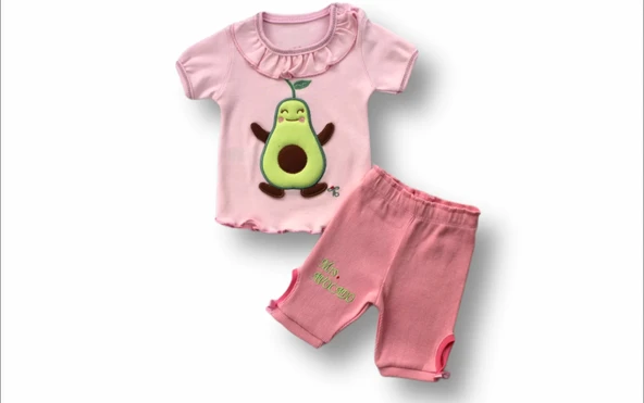 3-6 6-9 9-12 12-18 Ay Avokado Nakışlı Kısa Kollu Sweatli Şortlu 2li Kız-erkek Bebek Takımı Pembe
