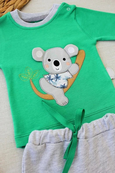 3-6 6-9 9-12 12-18 Ay Yavru Koala Nakışlı Uzun Kollu Sweat 2li Kız Erkek Bebek Takımı Yeşil - 2