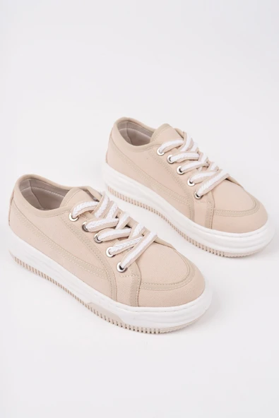 Muggo CARİNA Kalın Taban Keten Kumaş Bağcıklı Kadın Günlük Sneaker Spor Ayakkabı - 2