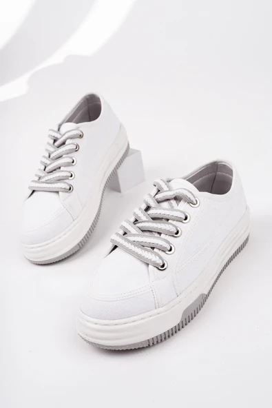 Muggo CARİNA Kalın Taban Keten Kumaş Bağcıklı Kadın Günlük Sneaker Spor Ayakkabı - 8