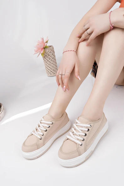 Muggo CARİNA Kalın Taban Keten Kumaş Bağcıklı Kadın Günlük Sneaker Spor Ayakkabı - 5