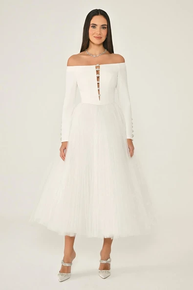 Açık Omuz Kollu Eteği Tül Midi AbiyeElbise 25Y6844 Alfa Beta - Resim 4