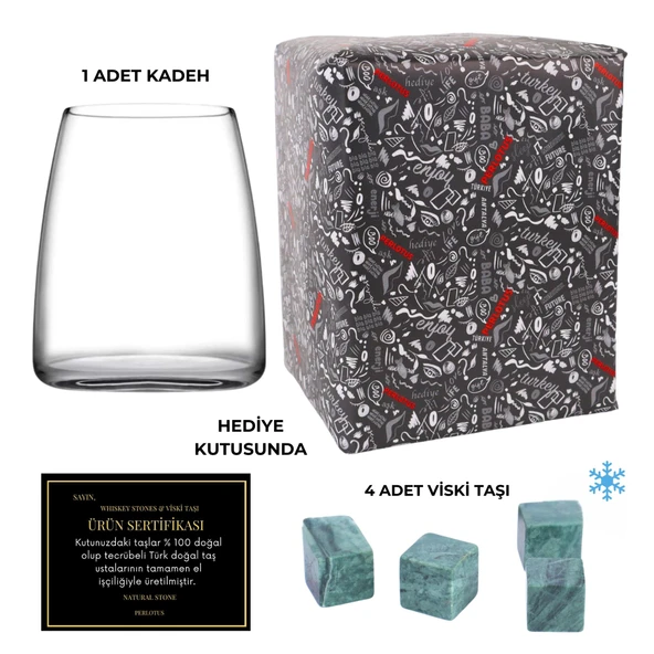 Perlotus Bournot Viski Bardağı ve 4’lü Yeşil Granit Viski Taşı Hediye - 3