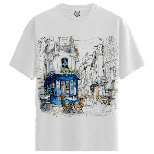 Parisian Cafe - %100 Pamuklu Kadın Beyaz Tişört - Premium Quality
