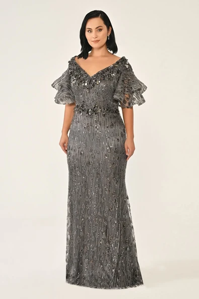 Alfa Beta V Yaka Kolları Volanlı Payet Uzun Abiye Elbise 25Y6921 - Resim 3