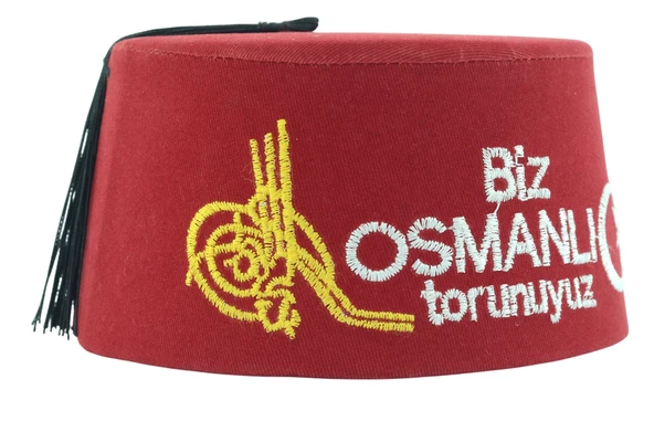 Biz Osmanlı Torunuyuz Yazılı Püsküllü Kırmızı Erkek Fesi 9cm Kısa - 4