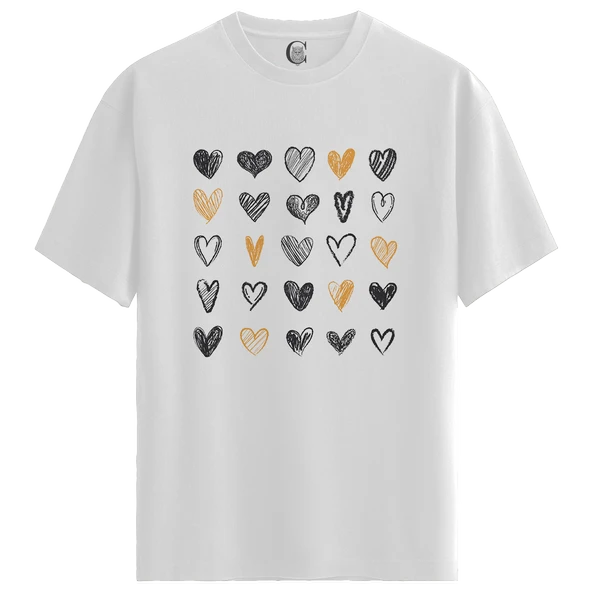 Hearts Sketch - %100 Pamuklu Kadın Beyaz Tişört - Premium Quality