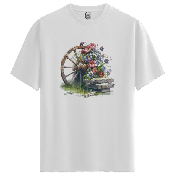 Rustic Blossom - %100 Pamuklu Kadın Beyaz Tişört - Premium Quality ürün görseli 1