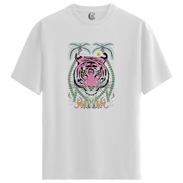Pink Tiger - %100 Pamuklu Kadın Beyaz Tişört - Premium Quality
