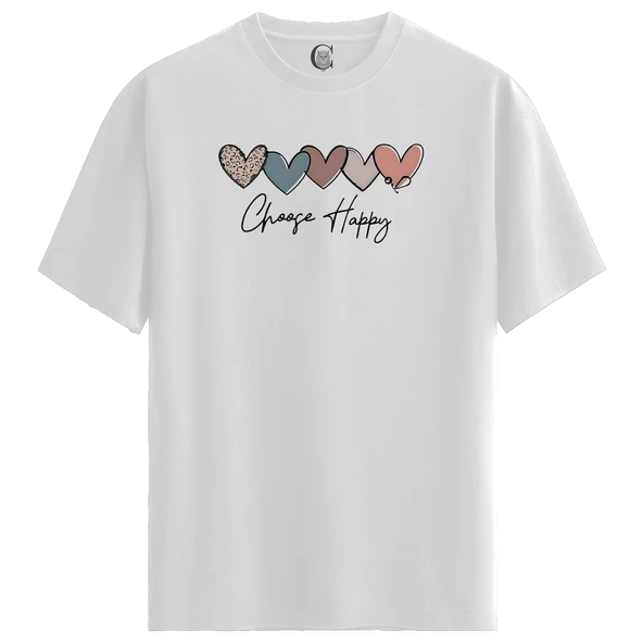 Happy Hearts - %100 Pamuklu Kadın Beyaz Tişört - Premium Quality