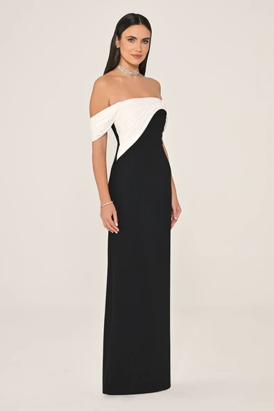 Alfa Beta Düşük Omuz Saten Yaka Krep Uzun Abiye Elbise - Resim 7