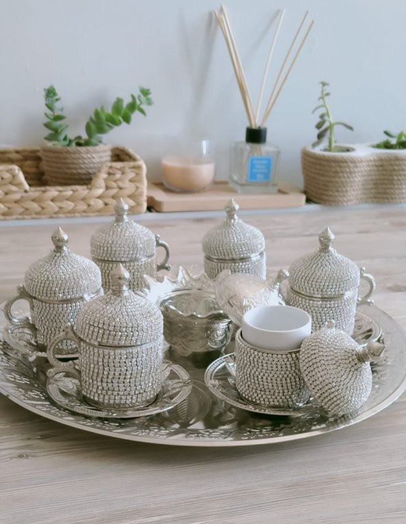 Osmanlı Motifli Kahve Fincan Takımı 6 lı - Beyaz Taşlı - 4
