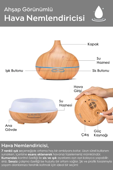 Hava Nemlendirici Kontrol Kumandalı RGB 7 LED Işıklı Aromaterapili Ahşap Hava Nemlendirici AUS-01 - 2