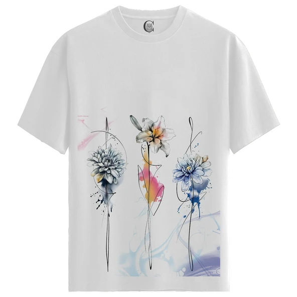Abstract Blooms - %100 Pamuklu Kadın Beyaz Tişört - Premium Quality