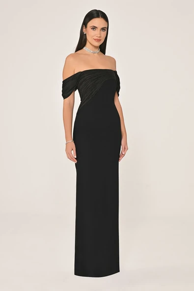 Alfa Beta Düşük Omuz Saten Yaka Krep Uzun Abiye Elbise - Resim 3