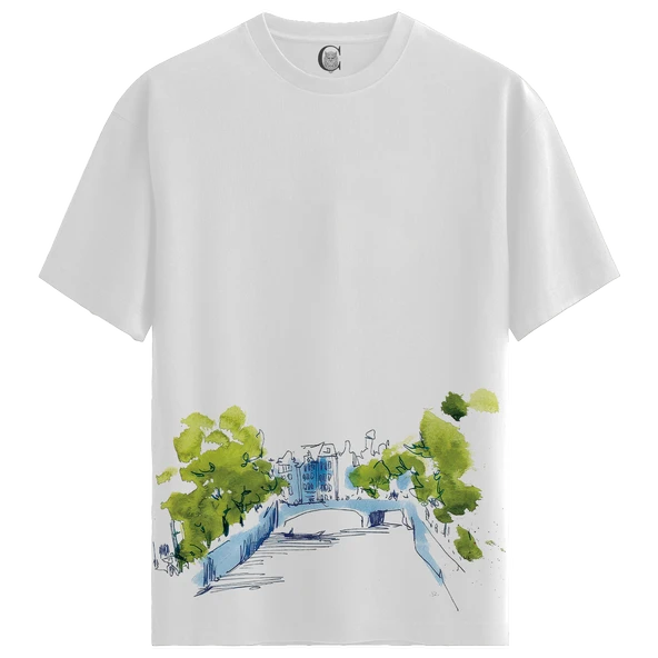 Canal Sketch - %100 Pamuklu Erkek Beyaz Tişört - Premium Quality