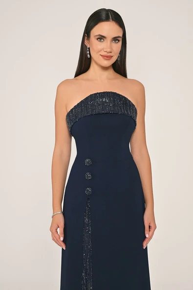 Alfa Beta Kadın Straplez Yırtmacı Payetli Krep Uzun Abiye Elbise - Resim 2