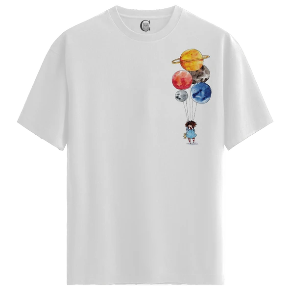 Planet Balloons - %100 Pamuklu Kadın Beyaz Tişört - Premium Quality