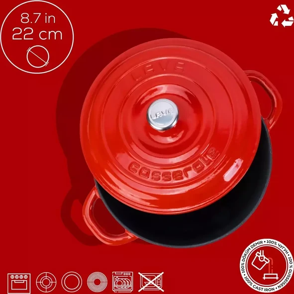 Lava Döküm Yuvarlak Tencere Döküm Demir Kapak New Heritage Serisi 22 CM Kırmızı - 4