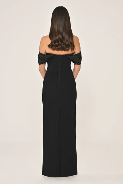 Alfa Beta Düşük Omuz Saten Yaka Krep Uzun Abiye Elbise - Resim 4