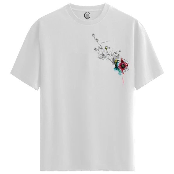 Geometric Floral - %100 Pamuklu Kadın Beyaz Tişört - Premium Quality