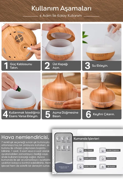 Hava Nemlendirici Kontrol Kumandalı RGB 7 LED Işıklı Aromaterapili Ahşap Hava Nemlendirici AUS-01 - 3