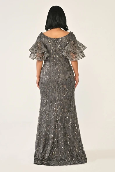 Alfa Beta V Yaka Kolları Volanlı Payet Uzun Abiye Elbise 25Y6921 - Resim 4