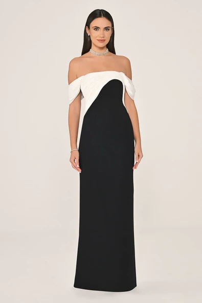 Alfa Beta Düşük Omuz Saten Yaka Krep Uzun Abiye Elbise - Resim 5