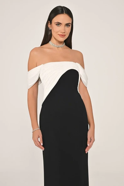 Alfa Beta Düşük Omuz Saten Yaka Krep Uzun Abiye Elbise - Resim 6