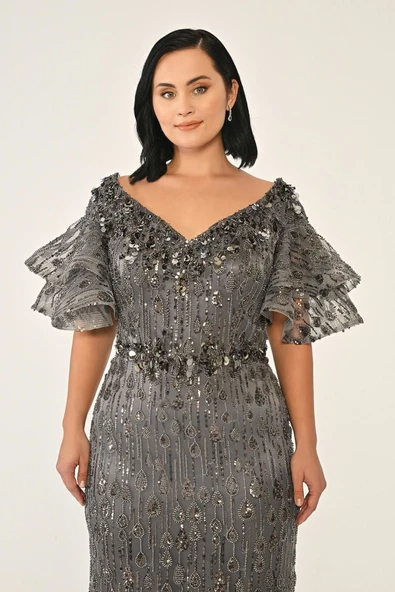 Alfa Beta V Yaka Kolları Volanlı Payet Uzun Abiye Elbise 25Y6921 - Resim 2