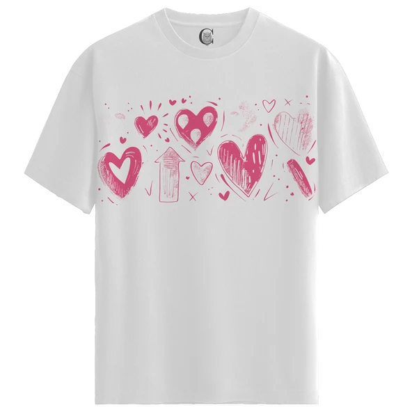 Pink Hearts - %100 Pamuklu Kadın Beyaz Tişört - Premium Quality