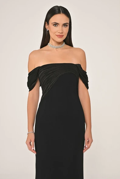 Alfa Beta Düşük Omuz Saten Yaka Krep Uzun Abiye Elbise - Resim 2