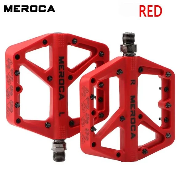 Meroca Rulmanlı Platform Pedal MTB Kaymaz Çelik Aksamlı Plastik Pedal Ultra Hafif Kırmızı Renk