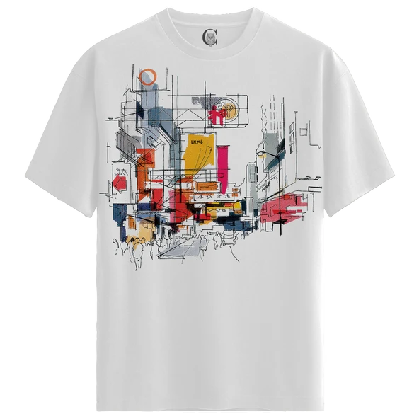 Cityscape Sketch - %100 Pamuklu Erkek Beyaz Tişört - Premium Quality