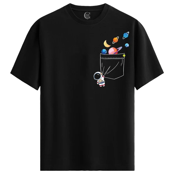 Cosmic Pocket %100 Pamuklu Kadın Siyah Tişört - Premium Quality - 1