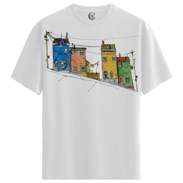 Colorful Hillhouses - %100 Pamuklu Kadın Beyaz Tişört - Premium Quality