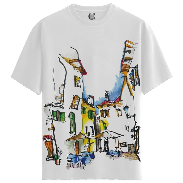 Mediterranean Street - %100 Pamuklu Kadın Beyaz Tişört - Premium Quality