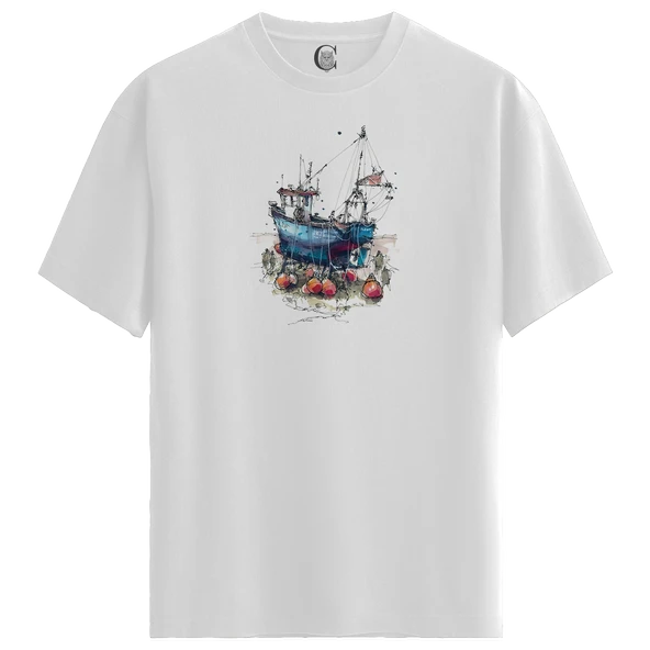 Fishing Boat - %100 Pamuklu Erkek Beyaz Tişört - Premium Quality