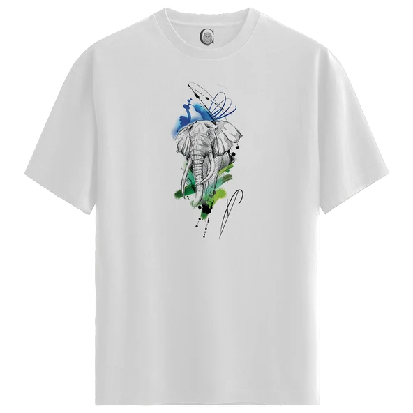 Elephant Art - %100 Pamuklu Kadın Beyaz Tişört - Premium Quality ürün görseli 1