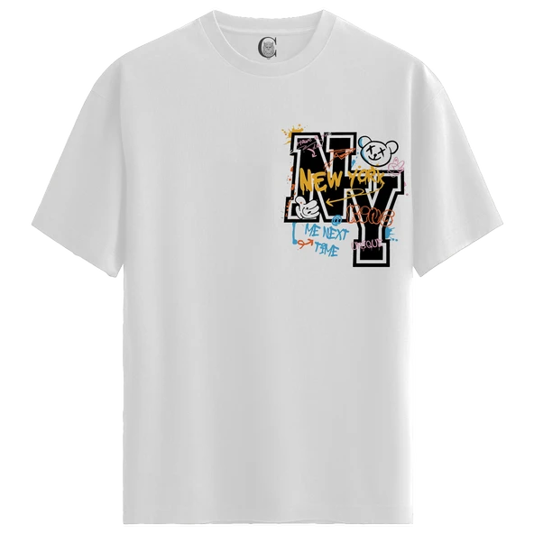 NY Graffiti - %100 Pamuklu Kadın Beyaz Tişört - Premium Quality ürün görseli