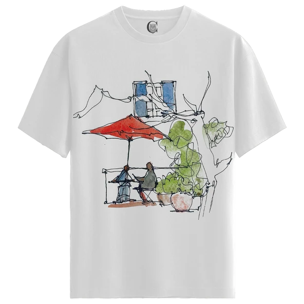 Cafe Sketch - %100 Pamuklu Kadın Beyaz Tişört - Premium Quality